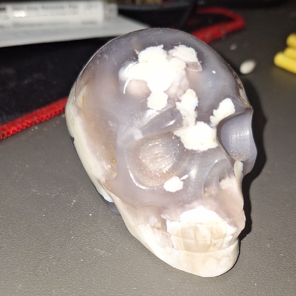 Flower Agate Carved Skull Decor